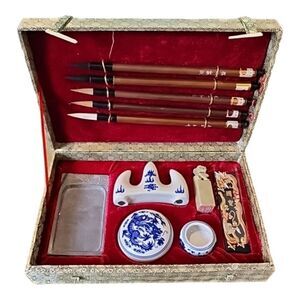 Vintage Chinese Porcelain Blue White Calligraphy Wood Brush &‎ Ink Set in Case